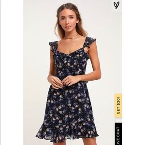 VIOLA NAVY BLUE FLORAL PRINT RUFFLED DRESS